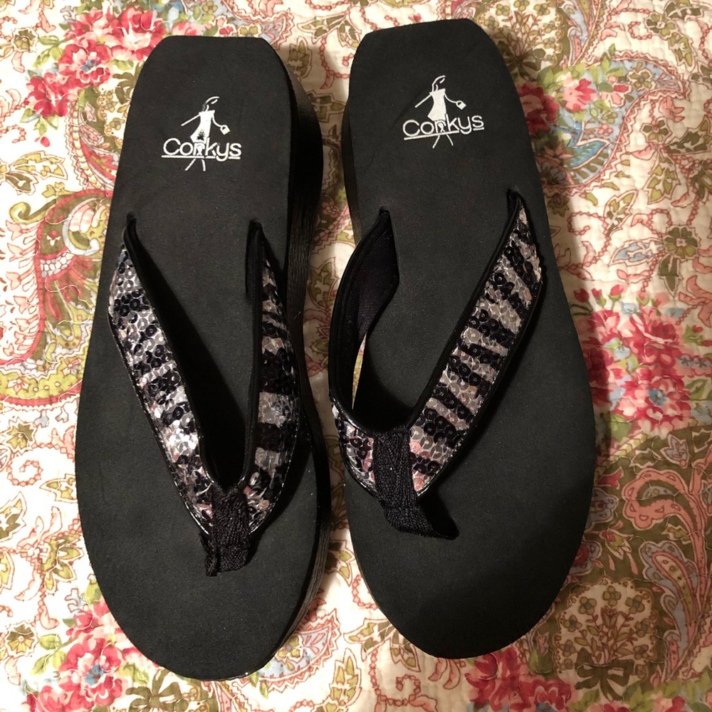 Corkys Sandal/Flip Flop Worn Once. Black And Silver Gem